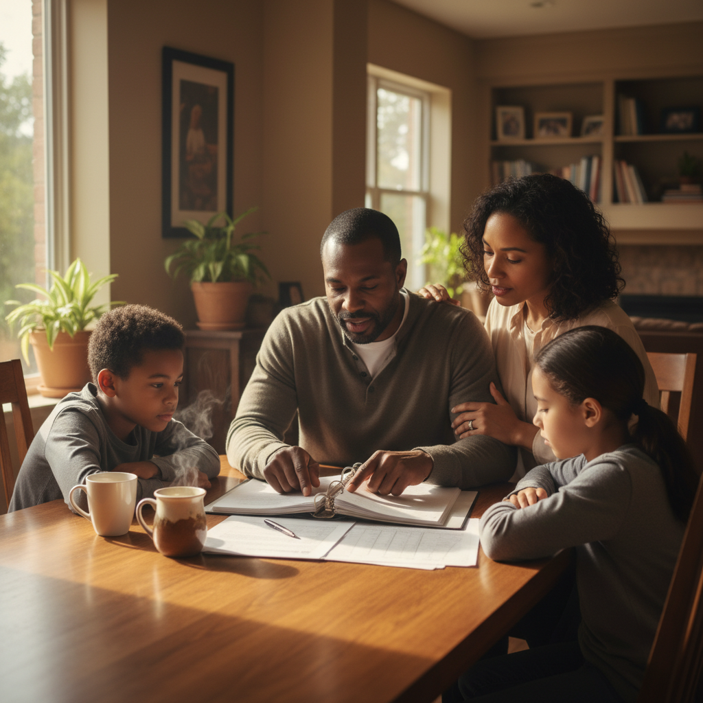 Family reviewing documents together